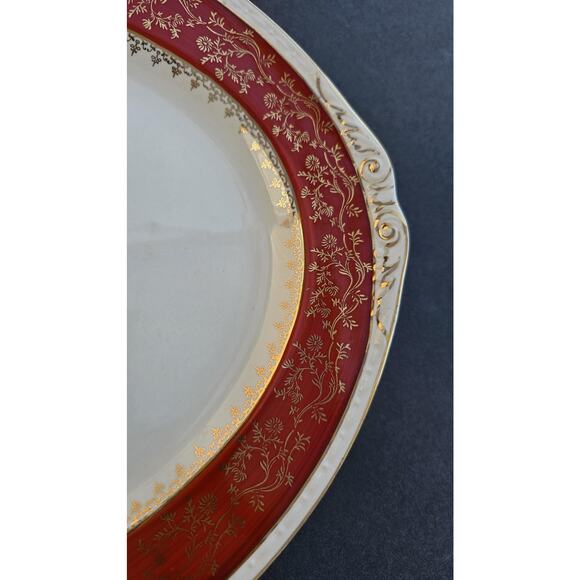 Vintage Craftsman Dinnerware Oval Platter Red Gold Floral Trim USA 14" 18K Gold - Picture 2 of 8